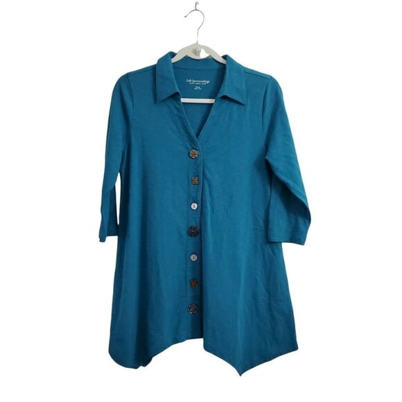 Soft Surroundings Danielle Button Top XS Teal Tunic Shirt Collared 100% Cotton - Picture 1 of 10